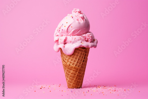pink ice cream in a cone on a pink background created with AI generative tools