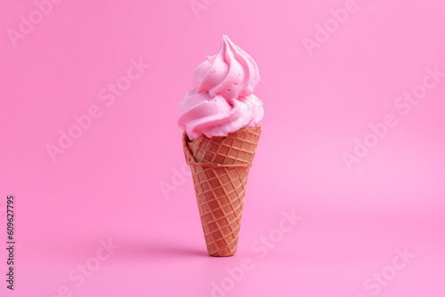 pink ice cream in a cone on a pink background created with AI generative tools
