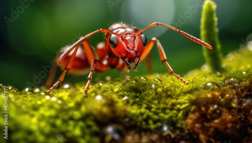The red ant is looking for food on green branches. © Яна Деменишина
