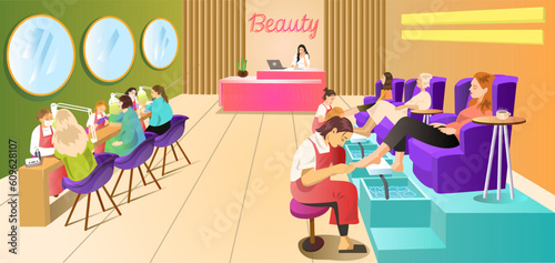 Professional beauty salon interior full of women. Relax spa for women nails on hands, legs. Manicure and pedicure room. Luxury beauty club with purple chairs and pink reception. Vector illustration