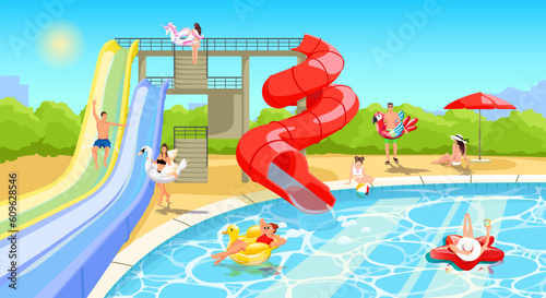 Happy people enjoy waterpark. Summer time vacation in swimming pool, water park landscape. Family activity. People slides pipes, kids playing and swim on inflatable circle animal. Vector illustration