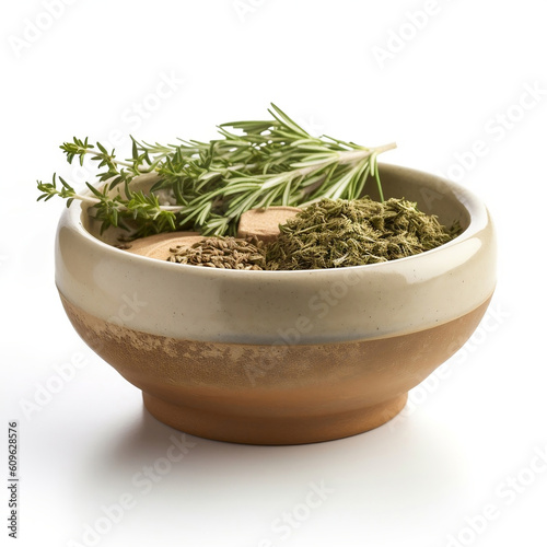 Mix of dried herbs in rustic ceramic bowl isolated on white background. Space for text. AI generated