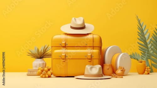 Tropical beach with sunbathing accessories, summer suitbag, bag yellow. photo