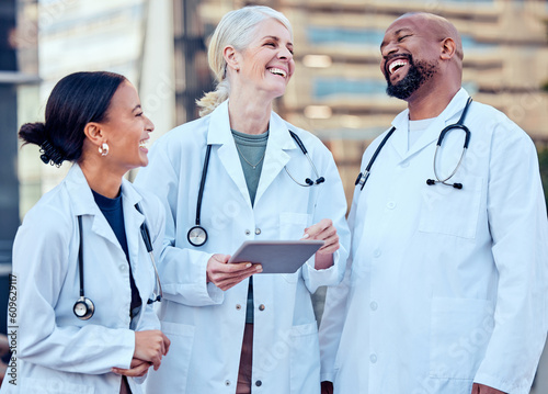 Doctor, laughing team and healthcare staff with tablet and funny joke of medical group. Diversity, technology and laugh of hospital and wellness clinic worker together with happiness and tech results