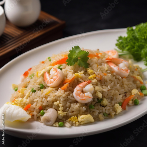 Fried rice with seafood and vegetables. Generative AI