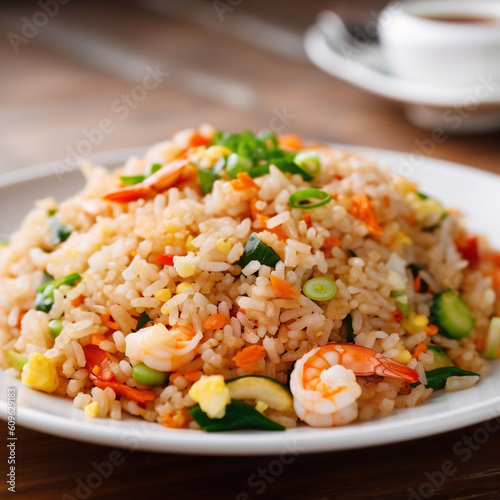 colorful image of  fried rice with shrimp and  vegetables. Generative AI