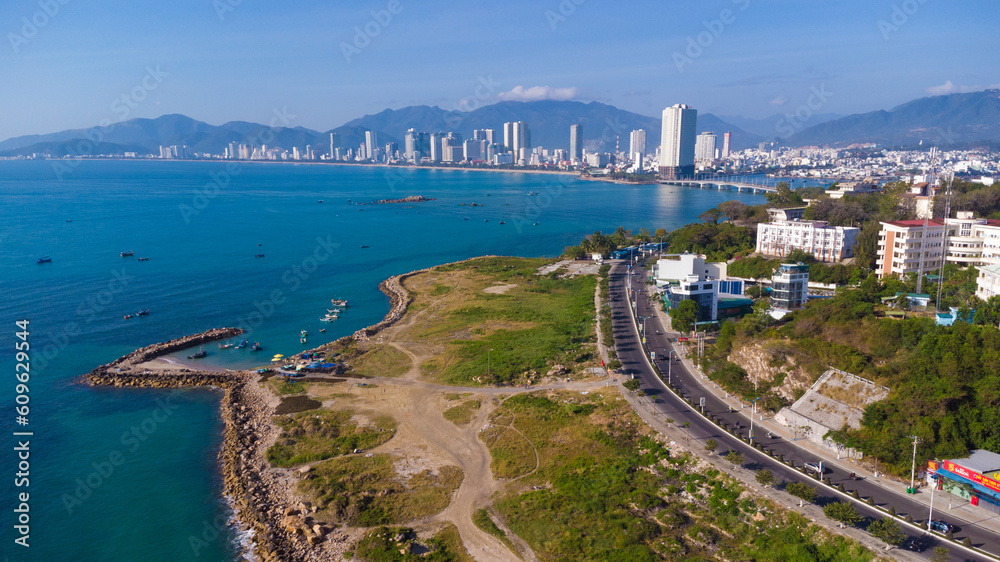 cityscape nha trang city in vietnam shot from drone, gorgeous asia, beach by the sea, modern city in tropics