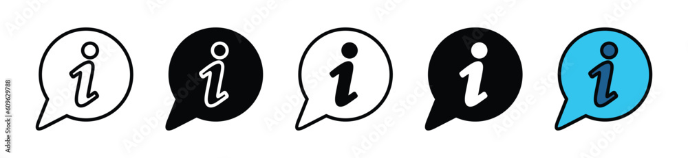 Info icons set with talk bubble speech. Information icon buttons. Info icon symbol collection in line and flat style on white background with editable stroke for app and website. Vector illustration Info icons set with talk bubble speech. Information icon buttons. Info icon symbol collection in line and flat style on white background with editable stroke for app and website. Vector illustration