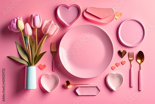 Pink Plates Cutlery Flat Lay Generative AI