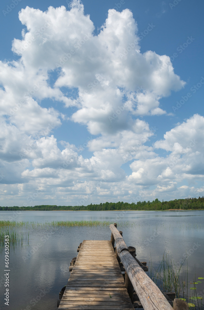 lake and wooden footbridge on a cloudy summer day. lake and wooden footbridge on a cloudy summer day.