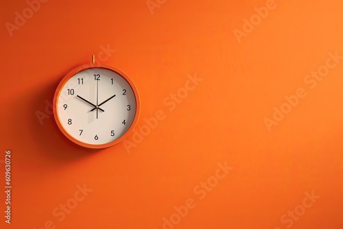 0444. orange clock in front of pastel wall. Generative AI