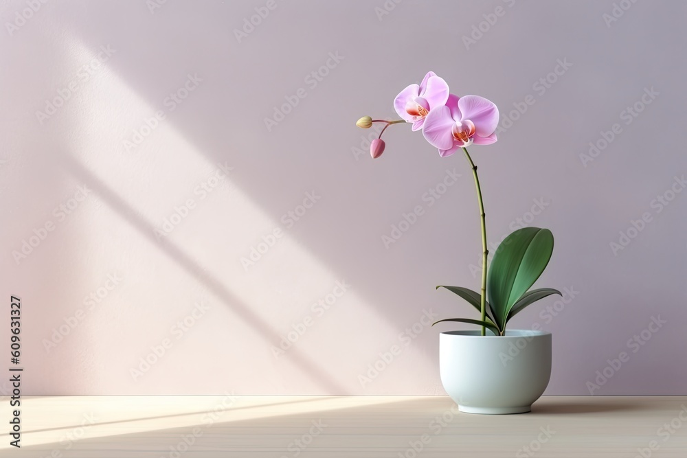 0449. Orchid in front of light pastel wall. Generative AI 0449. Orchid in front of light pastel wall. Generative AI