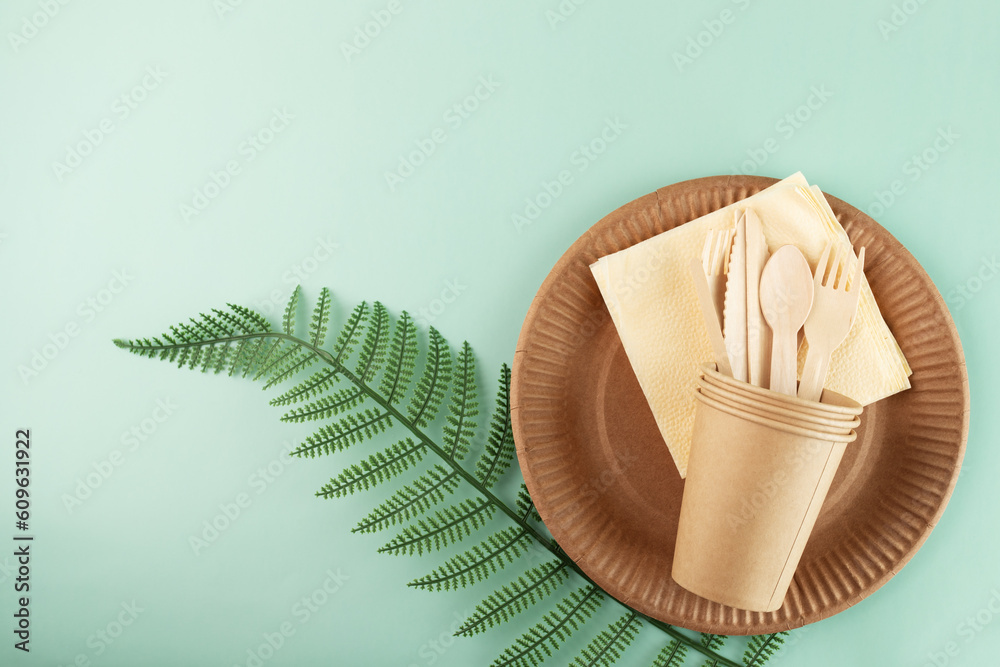 Fototapeta premium Biodegradable cardboard cutlery for green picnics, Disposable wooden plates for environmentally-friendly catering
