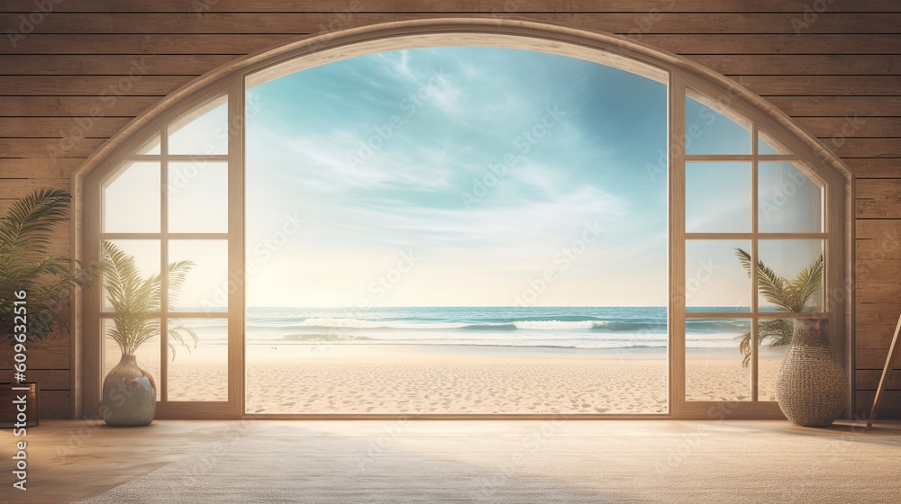 Obraz premium Beautiful view window for luxury lifestyle design. Natural background. Stock illustration. Summer nature decoration with palm. Travel Design background.