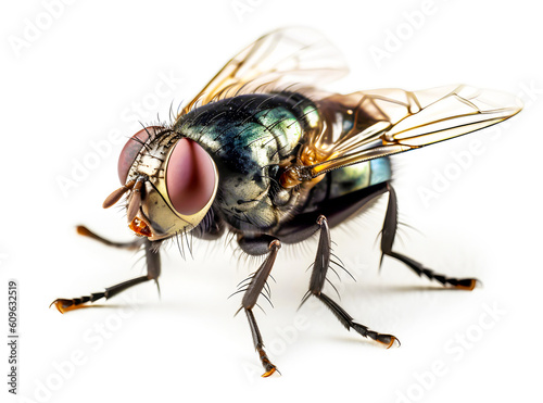 Close-up of house fly on White Background - AI generated 