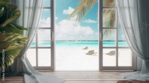 Beautiful view window for luxury lifestyle design. Natural background. Stock illustration. Summer nature decoration with palm. Travel Design background.