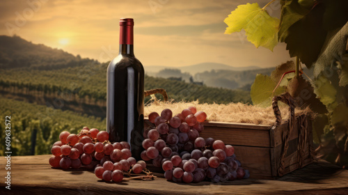 Two bottles of red wine and grapes stand by an open window overlooking a beautiful landscape. Retro style.