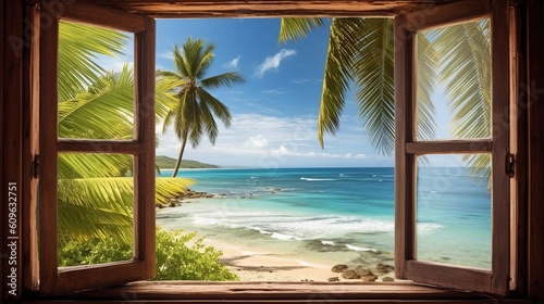 Beautiful view window for luxury lifestyle design. Natural background. Stock illustration. Summer nature decoration with palm. Travel Design background. © imagemir