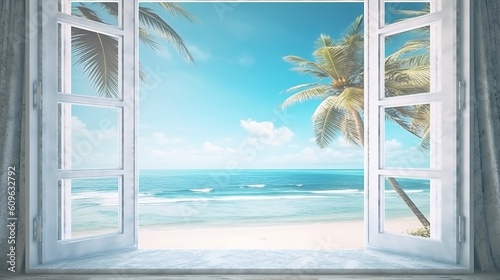Beautiful view window for luxury lifestyle design. Natural background. Stock illustration. Summer nature decoration with palm. Travel Design background. © imagemir