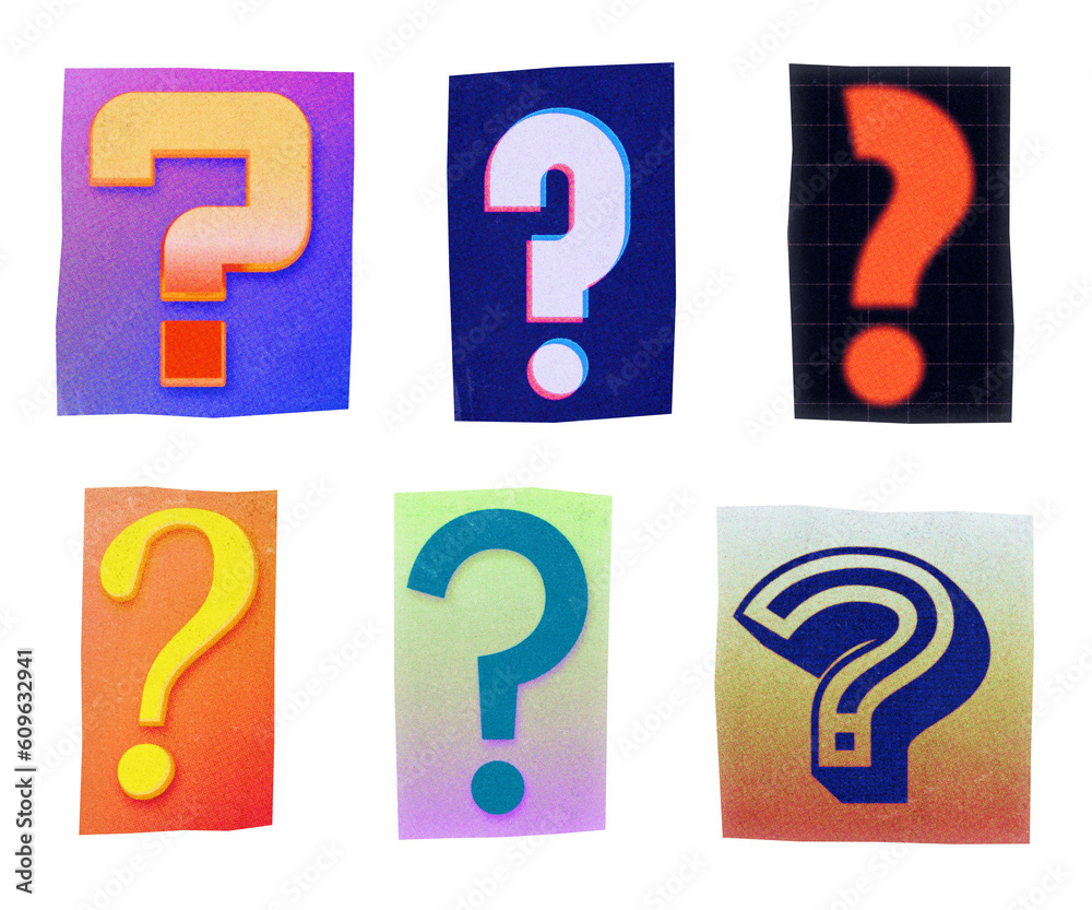 Question mark ransom note paper cut-out collage elements in various graphic styles isolated on transparent background