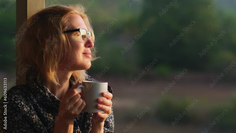 Mid adult woman wearing glasses drinking hot coffee at sunrise outdoor. Pleased female blonde enjoys beautiful morning. Happy caucasian woman portrait on the blurred nature background.