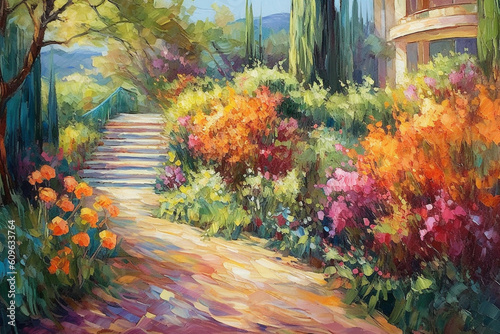 Digital oil painting of empty walk in colorful blooming park or garden, impressionism, beautiful artistic image for summer, nature, spring concepts. Generative AI.
