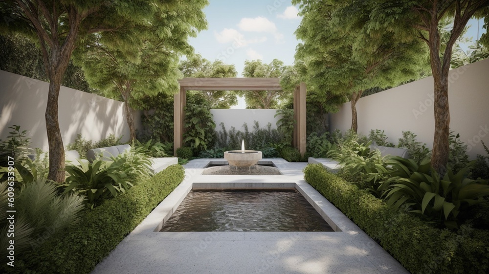 Tranquil courtyard oasis with lush greenery and serene water features
