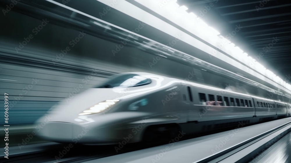 High-speed bullet train speeding through a futuristic tunnel High-speed bullet train speeding through a futuristic tunnel