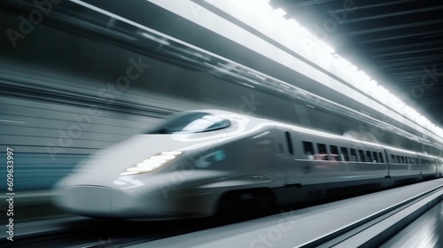 High-speed bullet train speeding through a futuristic tunnel