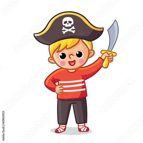 Little boy dressed up as a pirate and plays with a sword in his hand. Vector illustration in cartoon style.