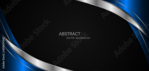 Abstract blue and silver curves with golden lines on dark steel mesh background. with free space for design. modern technology innovation concept background
