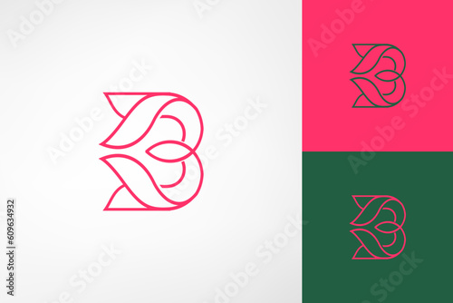 Letter B organic love heart petals monogram. Beautiful and elegant feminine logo. Suitable for beauty, cosmetic, environmental, floral, fashion, spa and esthetics salon companies.