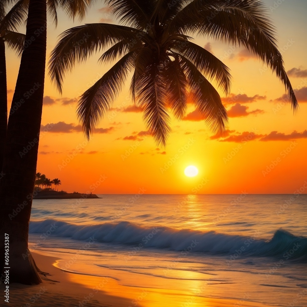  Beach Sunset with Palm Trees and Gentle Waves