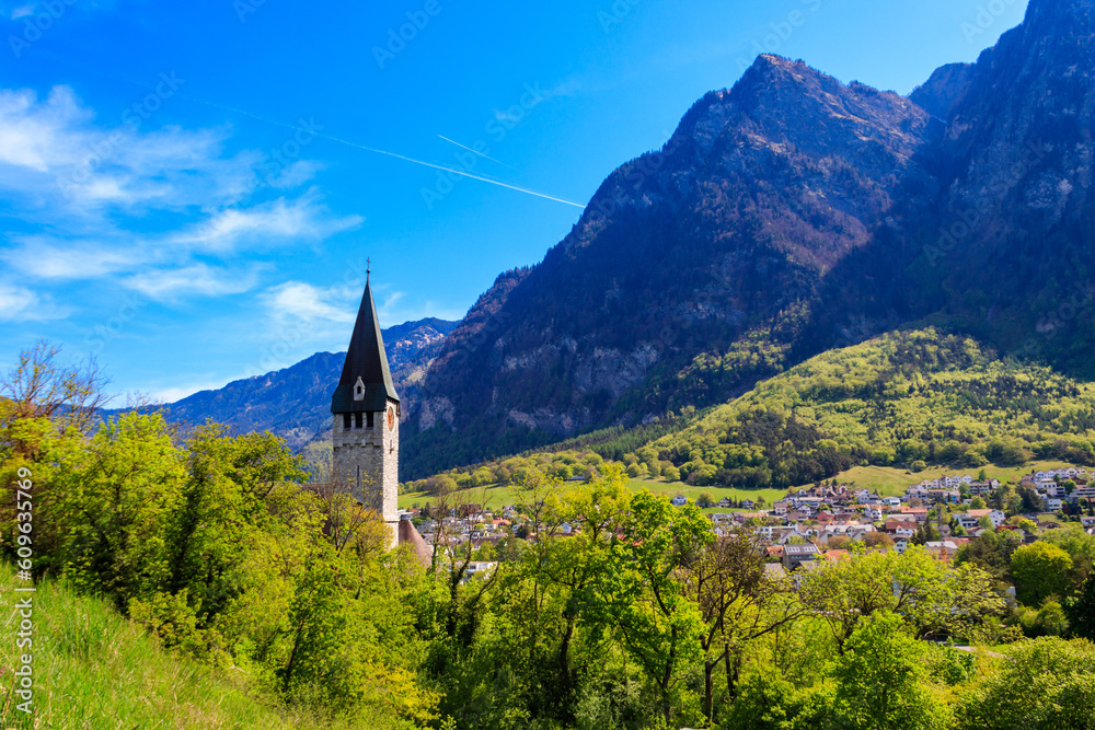 View of Balzers town with Saint Nicholas church in Liechtenstein