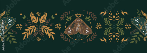 Natural magic motif in Scandinavian folk style. Vintage illustration. Seamless border with butterflies, ferns and other forest herbs. Fairy forest. For printing on fabric, wallpaper