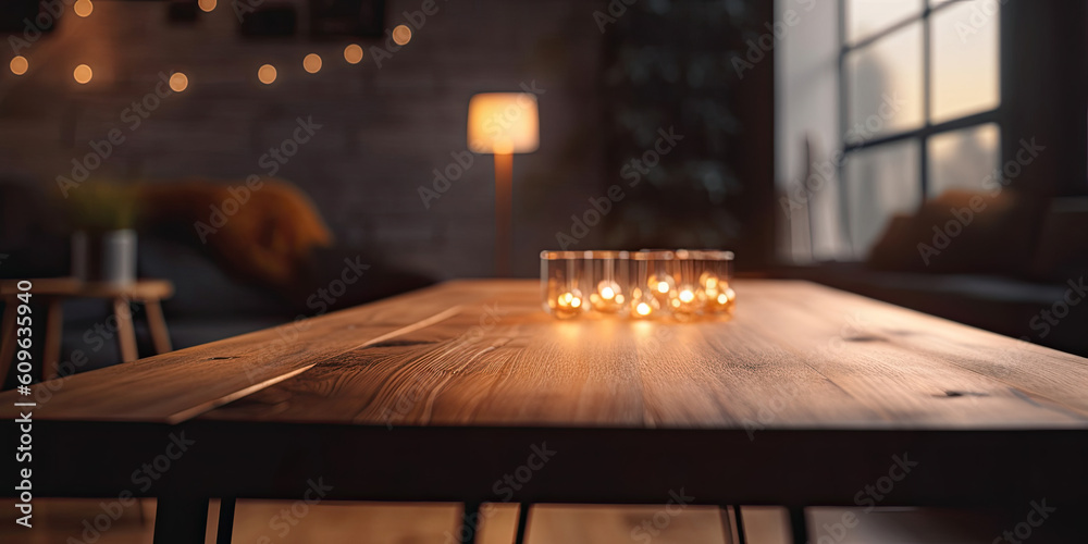 Wooden table background in living room with space for your text. Mock up. Generative AI