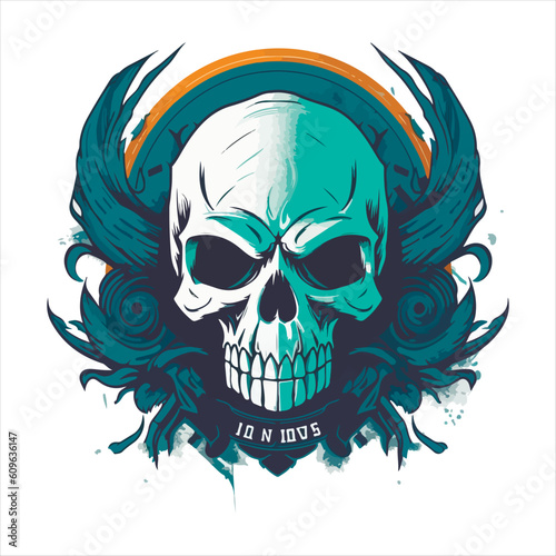 Skull emblem vector logo. Agressive human skull with wings