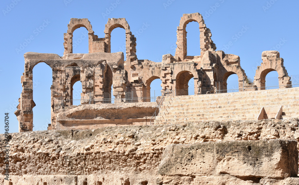 Ancient Amphitheater Arches with Sandstone Wall in Foreground, El Jem Amphitheater, Tunisia