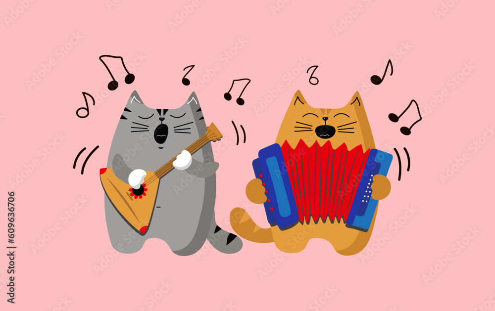 Cats cartoon Singing and plays the harmonica and balalaika. Cats  musicians. Animal, pet, musical instrument. Song, music. Vector illustration, background isolated.