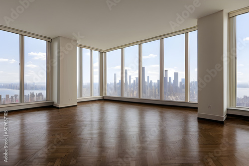 An empty spacious apartment with parquet flooring and floor to ceiling windows offering a wide view of the city skyline. A vacant office for sale or rent in a New York city skyscraper. Generative ai.