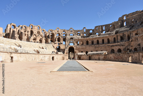 Symmetrical View from Ground Level Stage in El Jem Roman Amphitheater, Tunisia