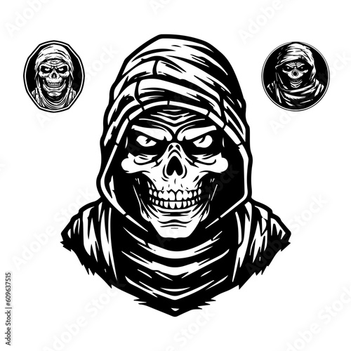 Embrace the macabre with this chilling mummy hand drawn logo design illustration. Bring a touch of horror to your projects, from gaming to apparel, with this spine tingling artwork. Generative AI