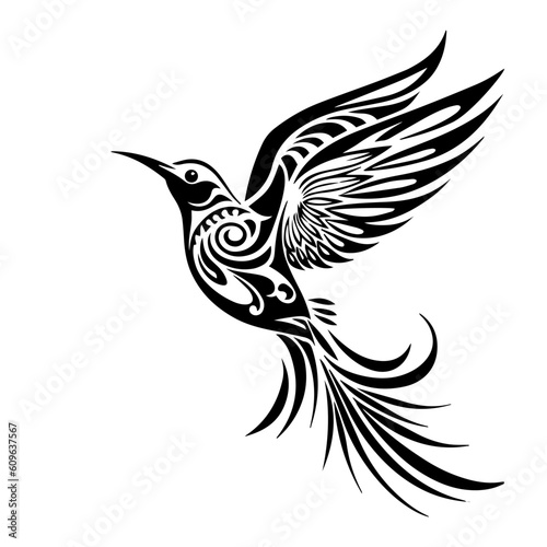 Majestic flying bird tribal tattoo design with intricate details and bold lines, representing freedom and strength. Perfect for body art enthusiasts. Generative AI
