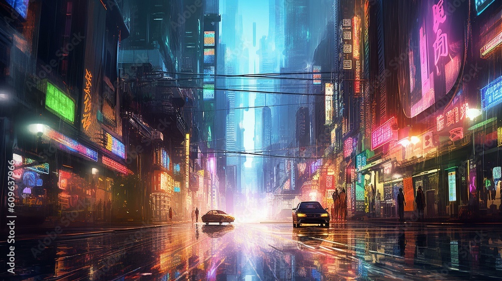 A Glowing Metropolis: A Futuristic Cityscape Illuminated by Vibrant Neon Lights on a Rainy Evening created with Generative AI technology