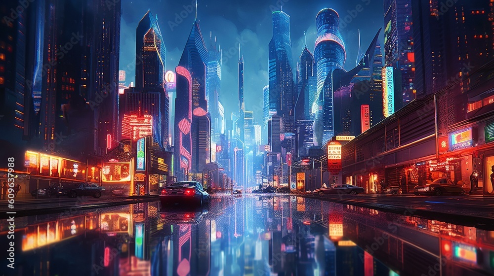 A Glowing Metropolis: A Futuristic Cityscape Illuminated by Vibrant Neon Lights on a Rainy Evening created with Generative AI technology A Glowing Metropolis: A Futuristic Cityscape Illuminated by Vibrant Neon Lights on a Rainy Evening created with Generative AI technology