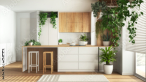 Blurred background, home garden love. Wooden kitchen with island and stools interior design. Parquet, carpet and many house plants. Urban jungle, indoor biophilia idea © ArchiVIZ