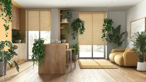 Love for plants concept. Kitchen with island and living room interior design in yellow and wooden tones. Parquet, sofa and many house plants. Urban jungle idea