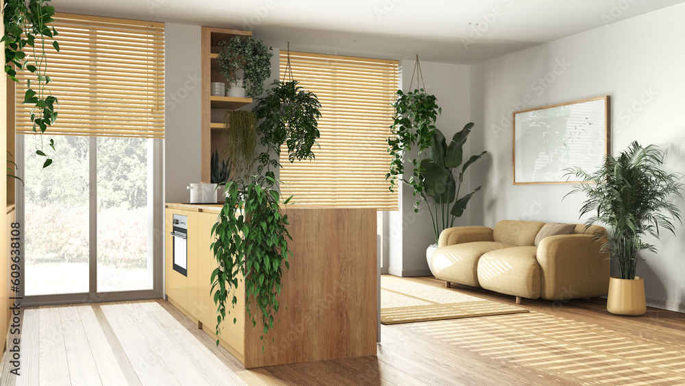 Modern wooden kitchen and living room in yellow tones with island, sofa, window and appliances. Biophilic concept, many houseplants. Urban jungle interior design