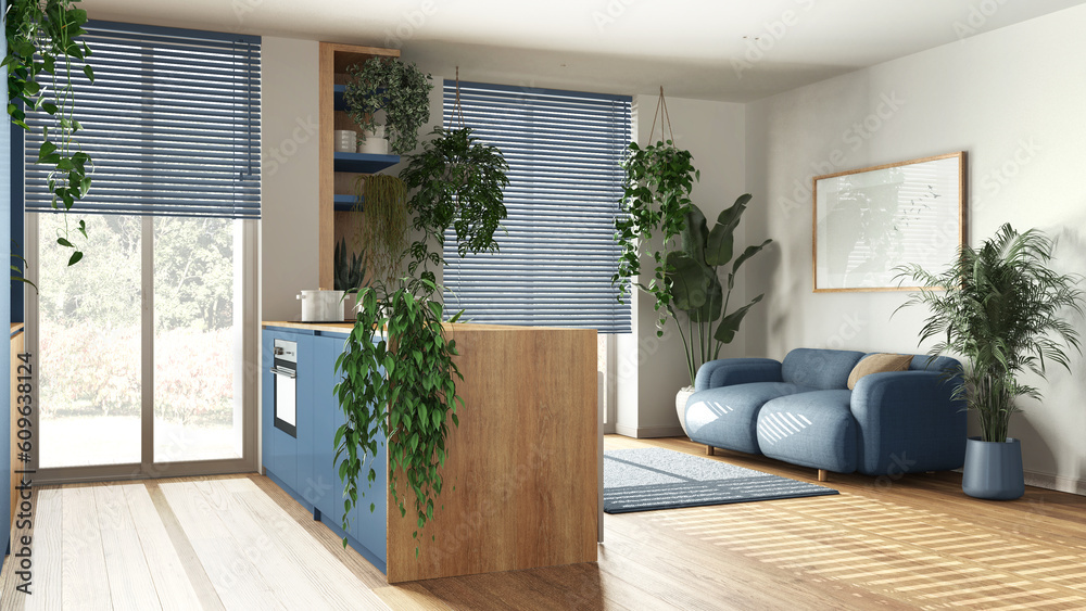 Fototapeta premium Modern wooden kitchen and living room in blue tones with island, sofa, window and appliances. Biophilic concept, many houseplants. Urban jungle interior design