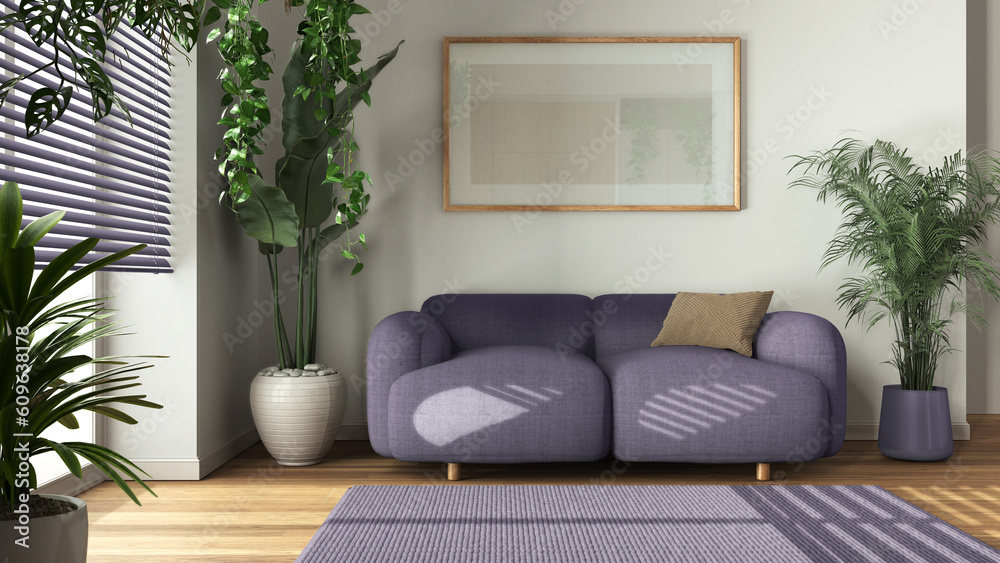 Minimal wooden living room in white and purple tones with fabric sofa, carpet, and frame mockup. Biophilic concept, houseplants. Modern interior design Minimal wooden living room in white and purple tones with fabric sofa, carpet, and frame mockup. Biophilic concept, houseplants. Modern interior design